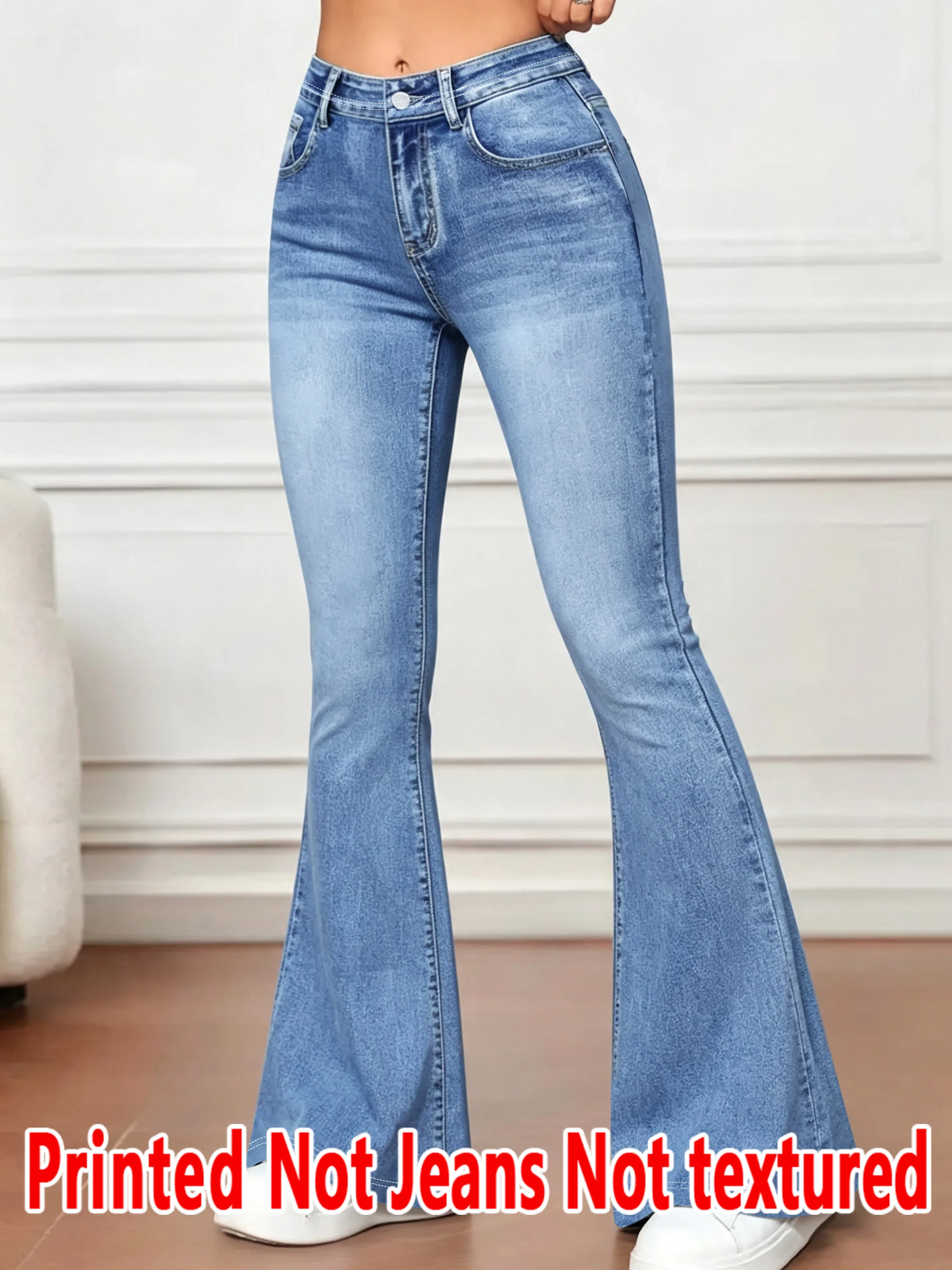 1578 [Printed Pants - Not Faux Denim Fabric]2D Printed Faux Effect, Printed Flared Trousers - Non-Faux Denim Fabric,