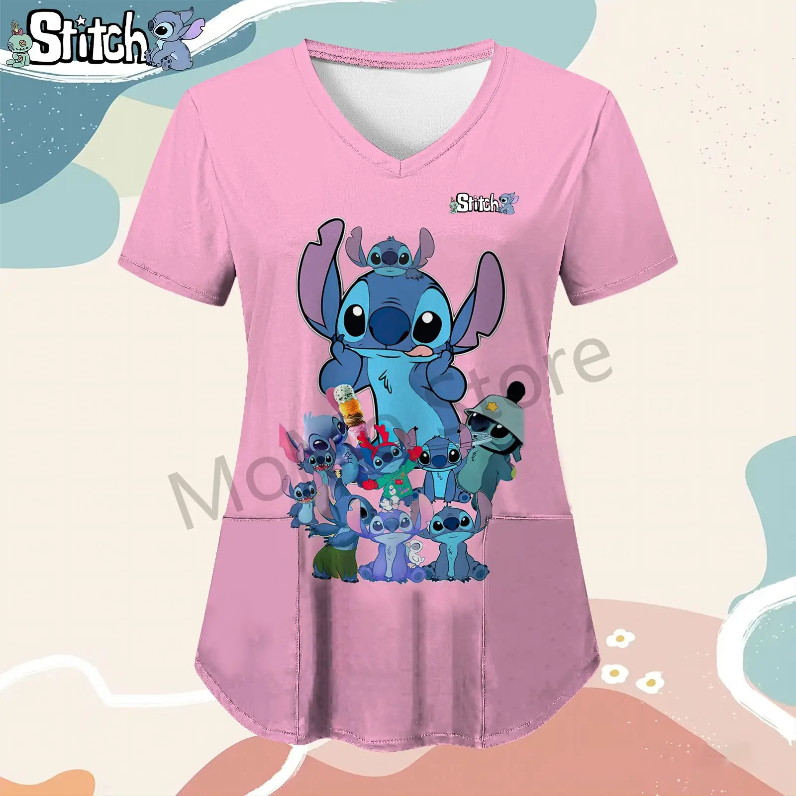 

Pocket Disney Stitch Kawaii Women's V Neck Nurse Uniform T-Shirt Short Sleeve T-shirts 2024 Tshirts Woman Y2k Tops Street Wear