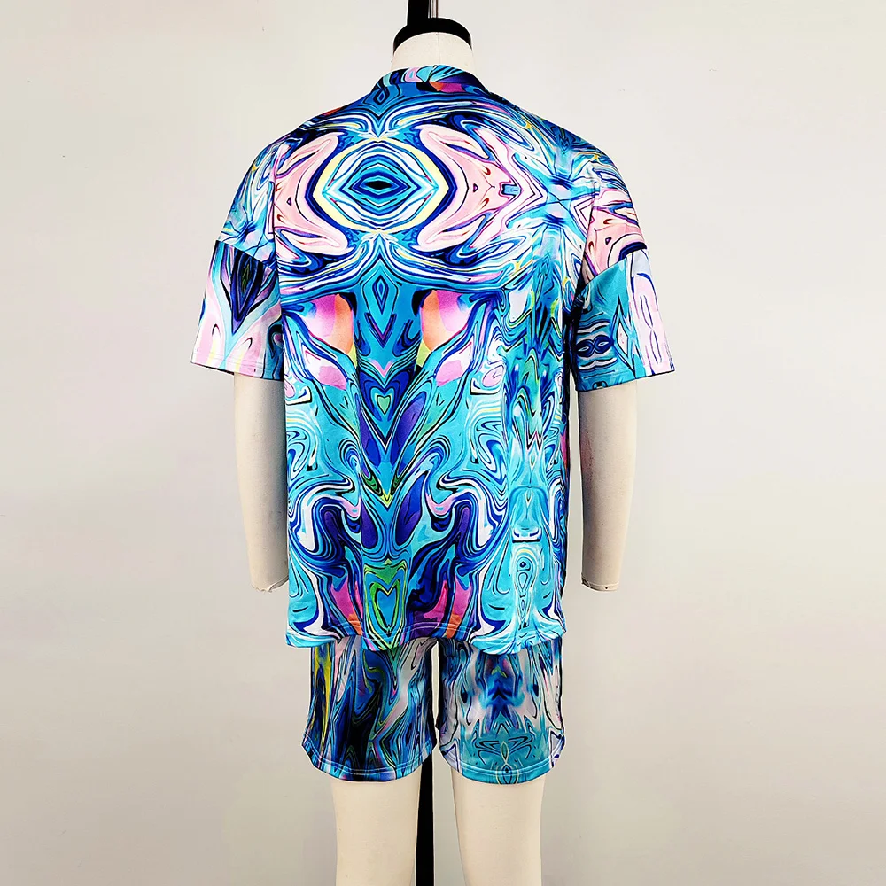 Mens Neon Cyber Style Shirt And Shorts Suit Fashion Personality Beach Vacation Versatile Two-Piece Suit Men'S Clothing 2024 New