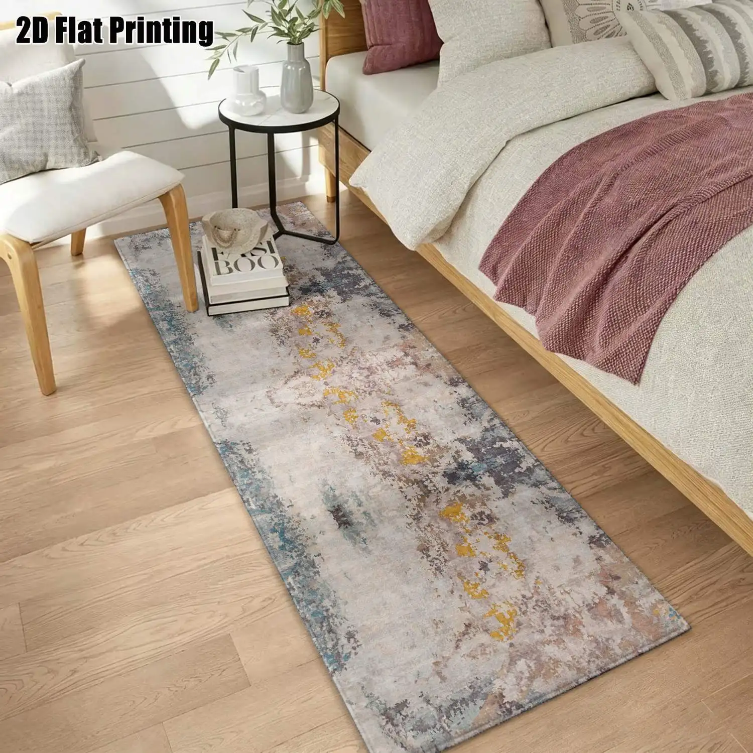 1Pc 2D Printed Strip Rug: Blue-Grey-Yellow Abstract Line, Nordic Style, Multi-Size Machine Washable Home Decor Rug for Entryway, Corridor, Living Room, Bedroom