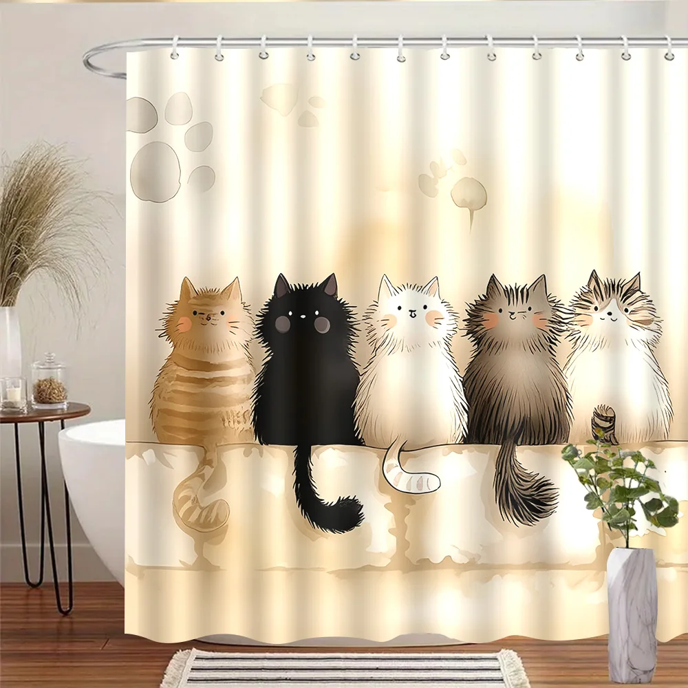 1 PC Shower Curtain with Five Furry Cats and Fun Paw Prints, Including 12 Hooks, 180 X 180 cm. Perfect for Bathroom Decor, En view 6