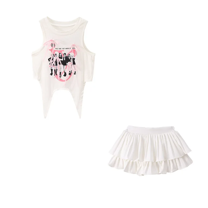 Girls Jazz Dance Costume Kids Cheerleading Performance Practice Clothes White Tops Pink Skirt Teenagers Hip Hop Dance Outfits