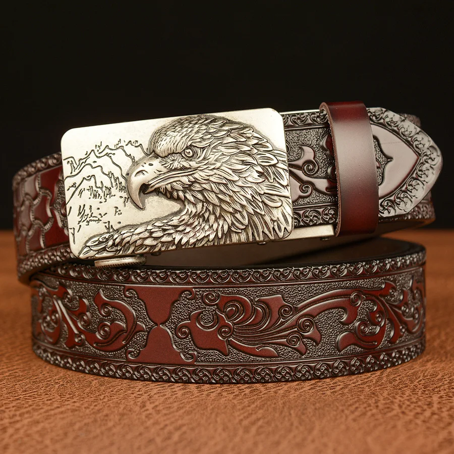 Men’s High Quality Eagle Design Alloy Buckle Leather Belt,Emboss Split Cow Leather Belt,Men Jeans&Casual Pants Accessories Must;