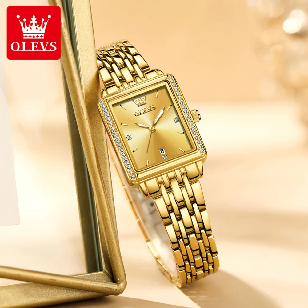 Olevs 9995 Gouden Roestvrij Staal Quartz Horloge Voor Vrouwen Luxe Rechthoekige Waterdichte Dames Polshorloge Diamant Datum