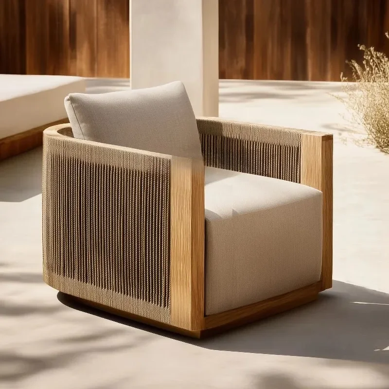 Modern Luxury Outdoor Dining Furniture Set Weathering Solid Teak Rattan Rope Farmhouse Park Apartment