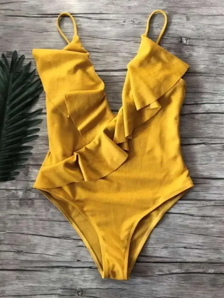 Sexy One-Piece Swimsuit Women Swimwear Push Up Monokini Ruffle Bathing Suit High Waist Beach Wear Yellow Swimsuit Fused Female