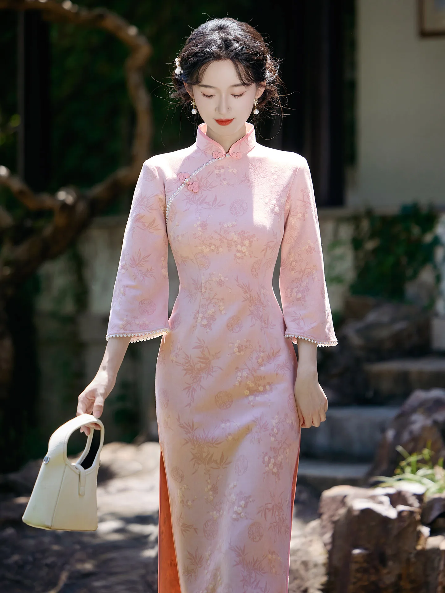 

Новое женское платье Pink Engagement Daily в китайском стиле с широкими рукавами, стройнящее, элегантное, длинное, класса люкс, коллекция 2026 года