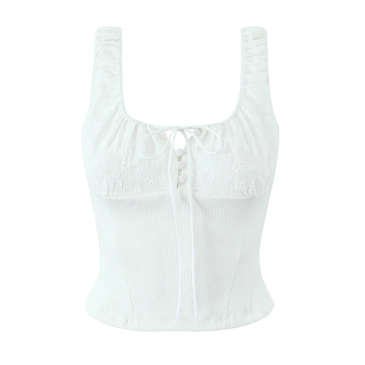 Summer Elastic Bow O collar Tank Top Slim Corset Women White Embroidery Flower Spliced Rib Waist Back Zipper Slim Crop Vest