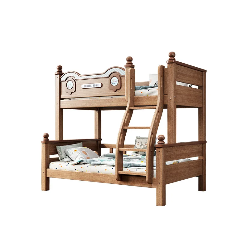 Mother and child bed Rubber wood cartoon upper and lower bunk hanging ladder All solid wood children's high and low wooden bed