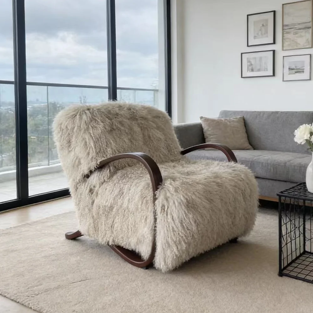 

Nordic Lounge Chair Solid Wood Frame White Lamb Wool Sheepskin Armchair Comfortable Sofa for Living Room Apartment Hotel Villa