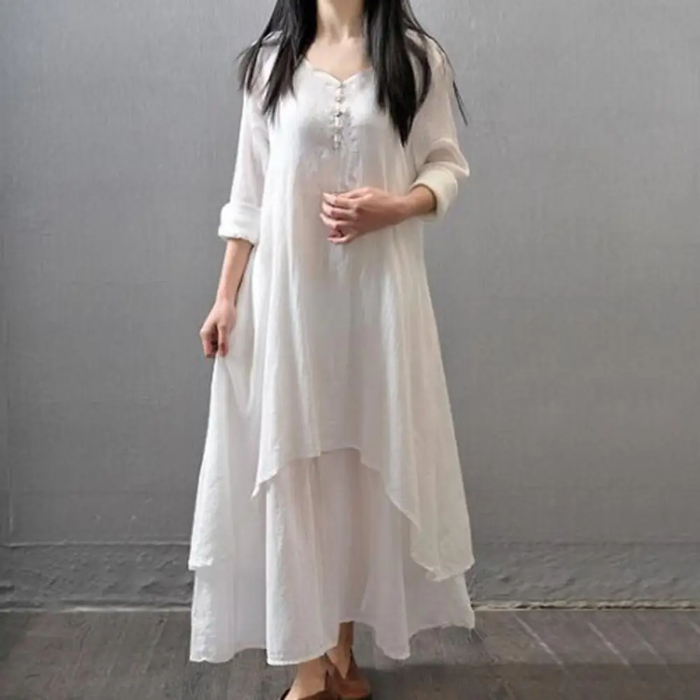 Cotton And Linen Retro Maxi Dress False Two Pieces V-Neck Buttons Decor Long Sleeve Large Hem Baggy Dress Irregular Robe Dress