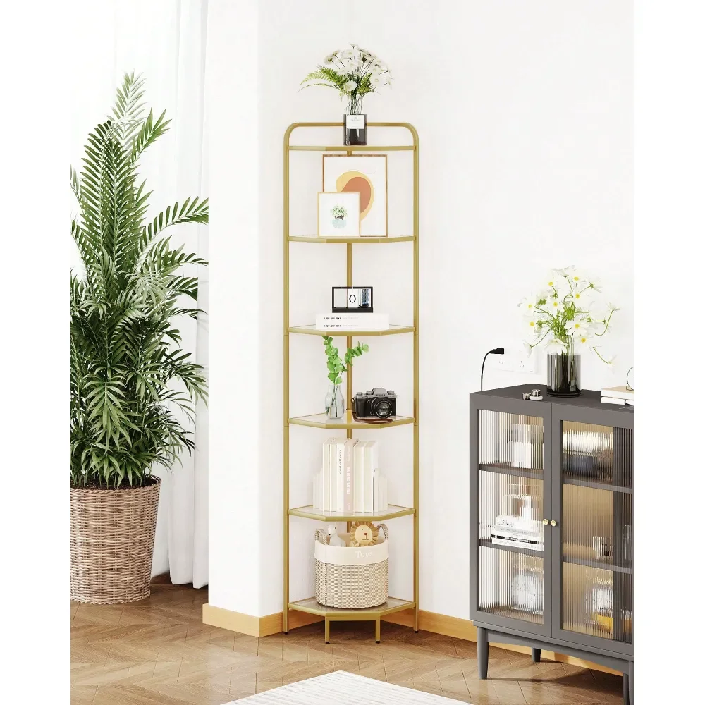 

Corner Shelf Stand, Glass Bookshelf Bookcase, Bathroom Organizer, Plant Stand, Steel Frame, Tempered Glass, Modern Style For Li