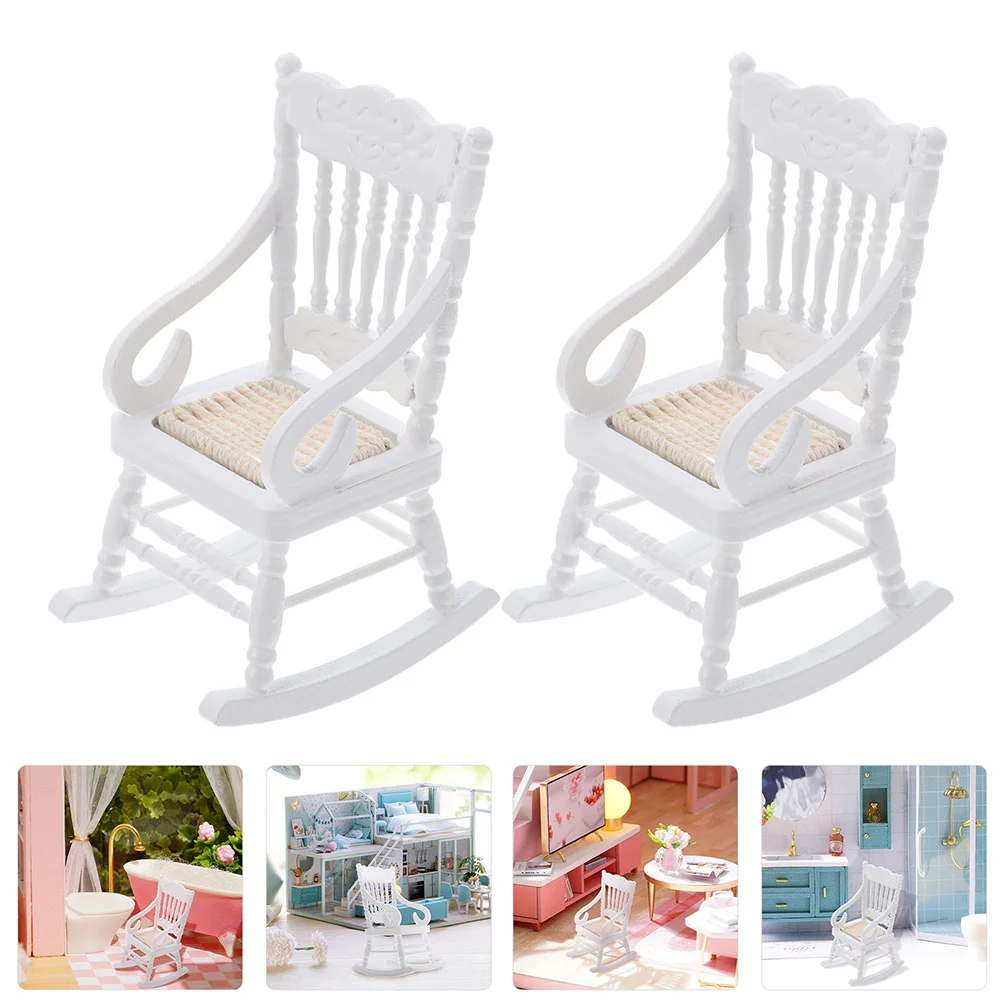 2pcs Dollhouse Accessory Wooden Mini Chair Miniature Decor Rocking Chair Model Dollhouse Rocking Chair