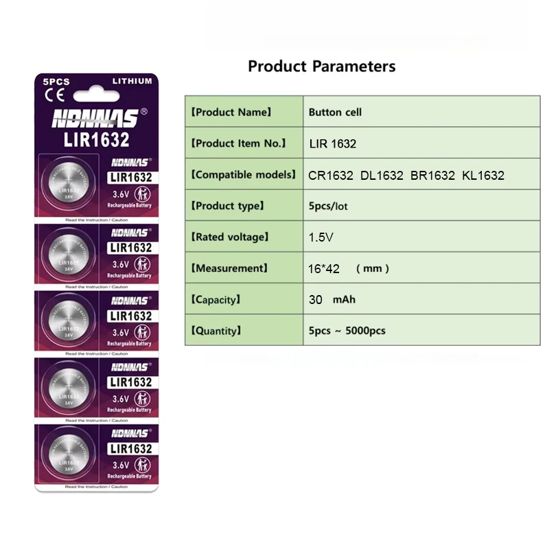 LIR1632 3.6V Lithium Rechargeable Button Battery 2 To 50 Pack CR1632 ML1632 VL1632 Suitable For Car Key Remote Control Watch Toy