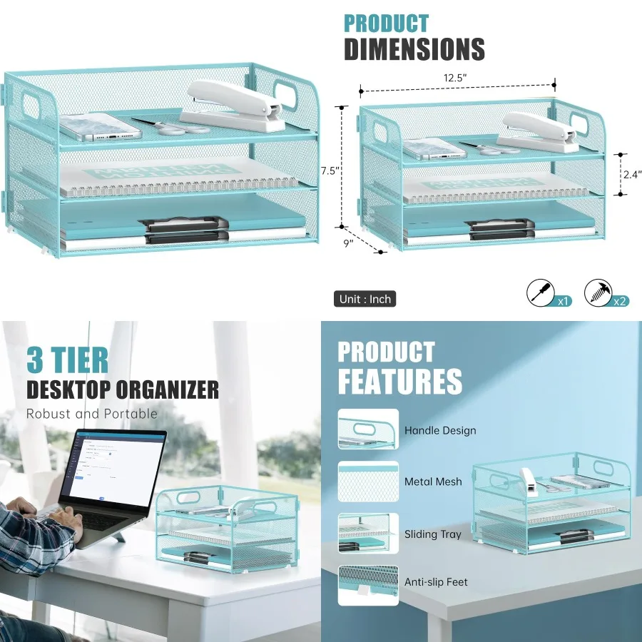منظم ورق من 3 طبقات مع مقبض منظم مكتب شبكي للاستخدام المكتبي والمنزلي مثالي لفرز الحروف والوثائق المتينة #1