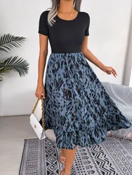 Casual Crew Neck Short Sleeve Graphic Print Splicing Dress,Women's Clothing