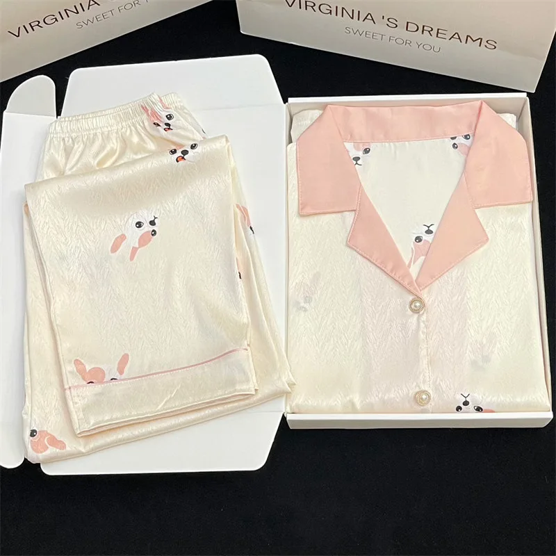 

Ледяные шелковые пижамы, женские пижамы с длинными рукавами, милая маленькая молочная собака, кролик, повседневная одежда, двухсекционный кардиган с героями мультфильмов, шорты с короткими рукавами S