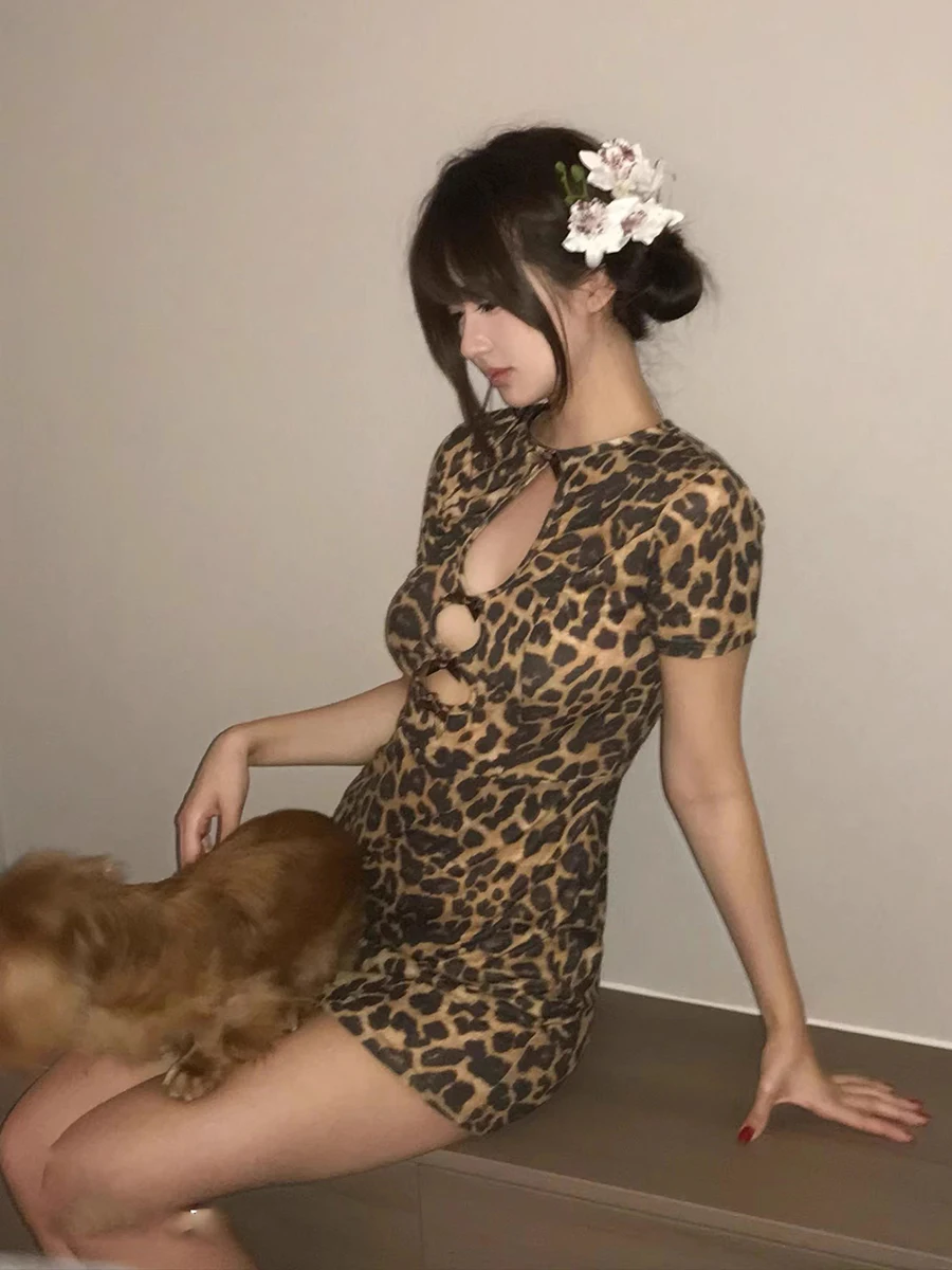 REDDACHiC-vestido ceñido al cuerpo con lazo de punto calado para mujer, minivestido ajustado con estampado de leopardo Vintage Y2k, ropa de noche para discoteca de verano