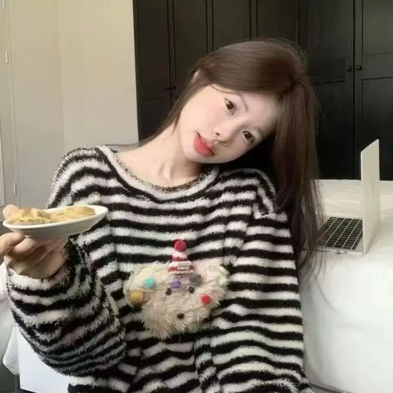 

Homewear Set Women's Stripe Pajamas Round Neck Homewear Korean Version Sleepcoat Female Loungewear Girl's Student Autumn Winter