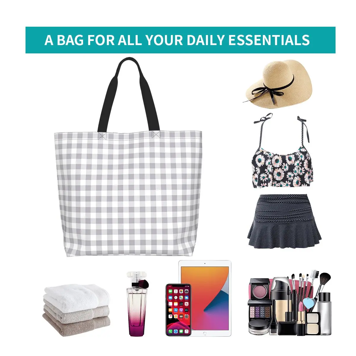 Gray And White Gingham Shopping Tote Bag Canvas Large Capacity Shoulder Bags Shopper Grocery Handbag for Women