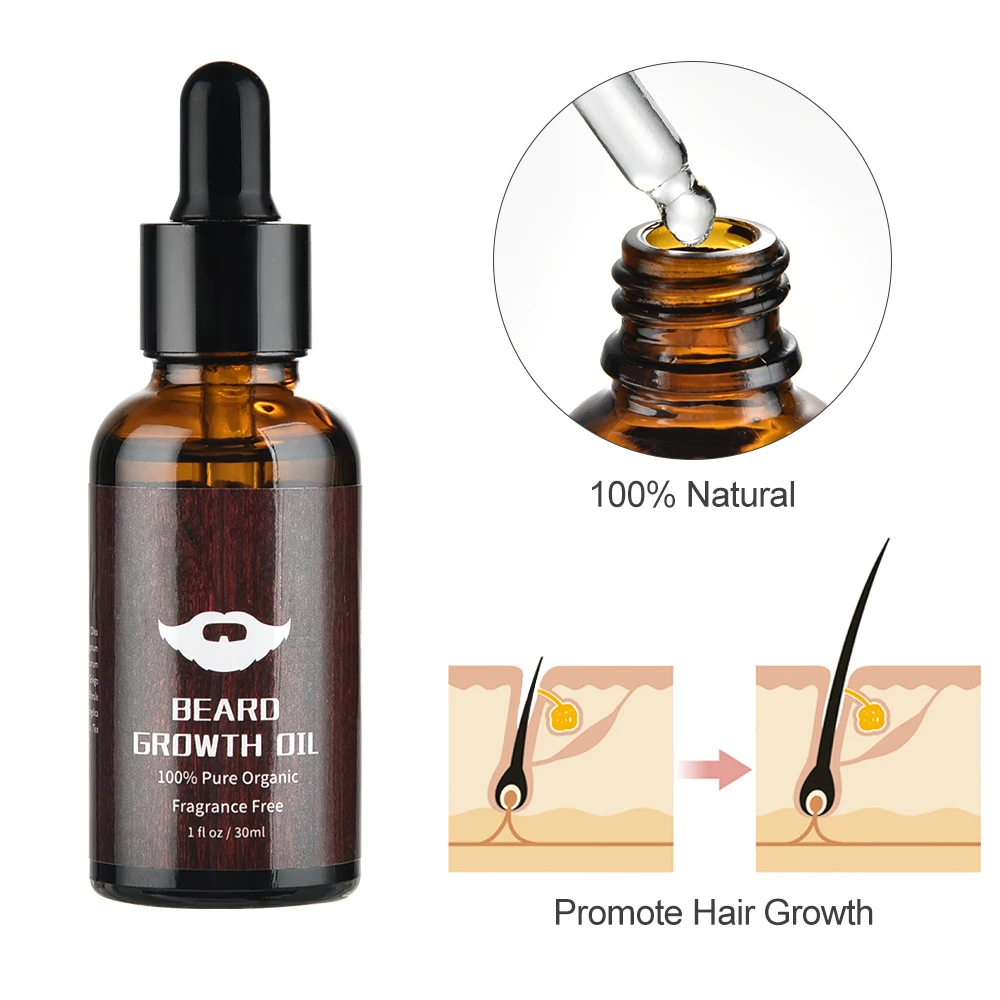 4pcs/set Beard Growth Kit Beard Oil Serum Roller brush Balm Set Hair Pormote Growthing Smothing Mustache Care 100% Pure Organic