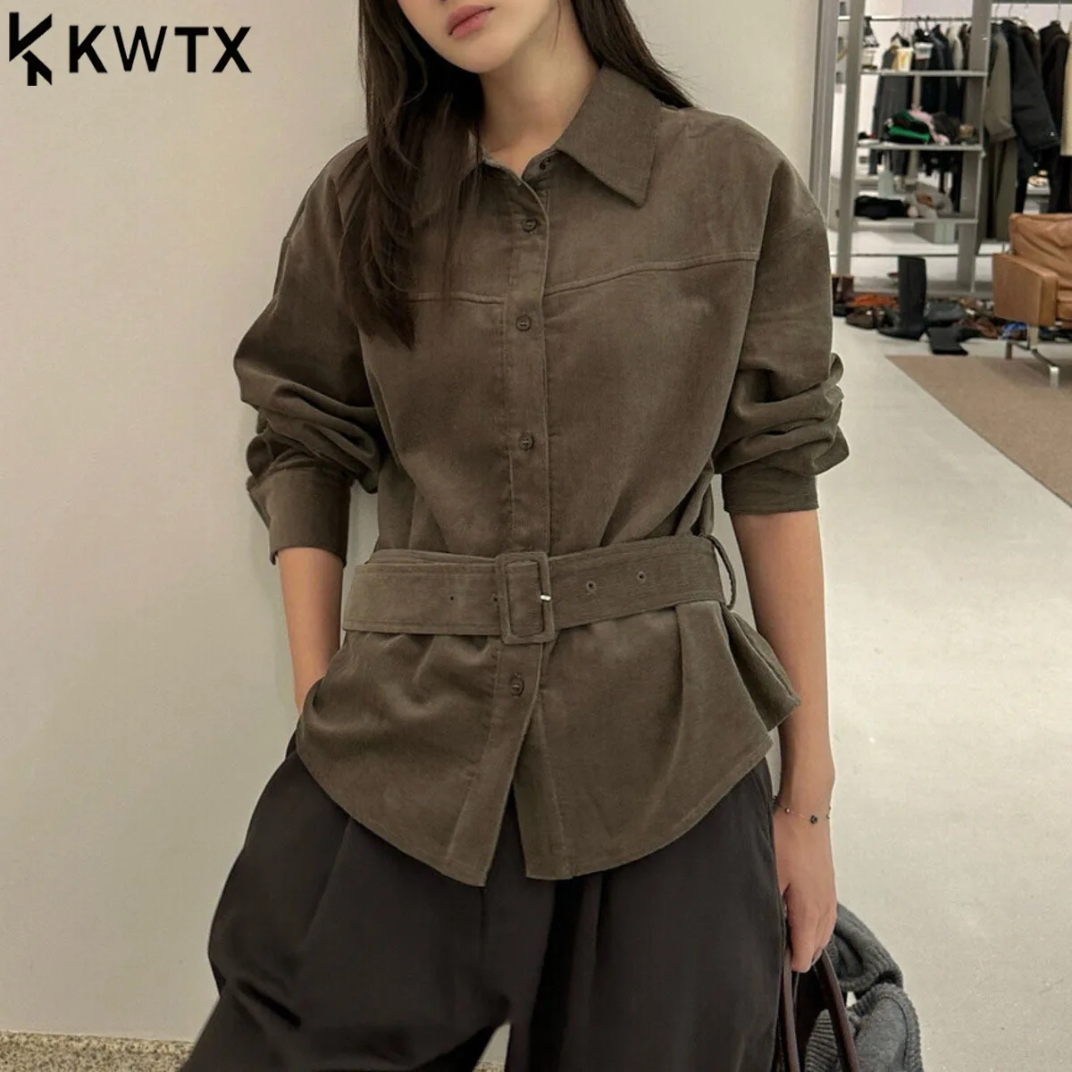 

KWTX Women’s Corduroy Shirt Jacket Short Solid Color Belted Vintage Lapel Collar Button Up Autumn Casual Elegant Comfortable