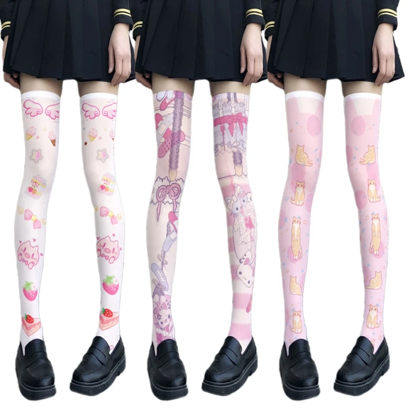 Women  Cartoon Thigh High Stockings Japanese Anime Cute Pig for CAT Bear Animal Printed Cosplay Over Knee Long Soc