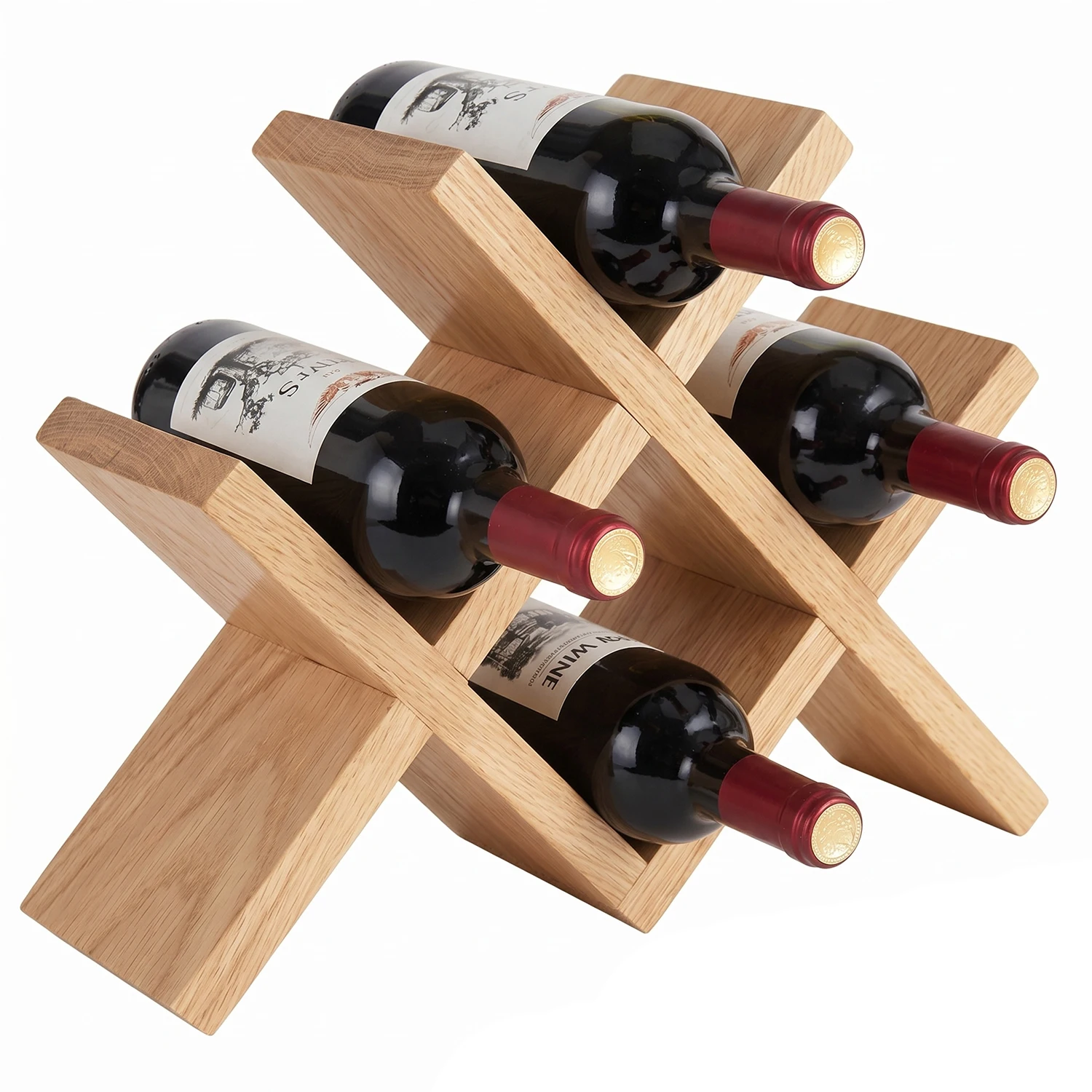 4-Bottle Wood Wine Rack for Countertop - Country Rustic Style, Compact Storage for Kitchen, Bar, Dining Room (Holds 750ml)