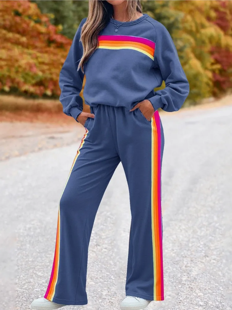 

Модный лоскутный комплект с капюшоном для женщин, повседневный пуловер с длинным рукавом и круглым вырезом, топы + брюки с высокой талией, комплекты из 2 предметов, спортивная одежда, новинка