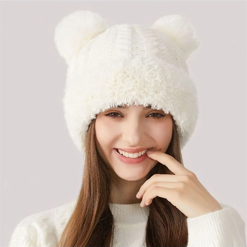 

New Winter Cute Hairball Knitted Hats Women's Outdoor Plush Edge Age-reducing Ear Protection Woolen Hat With Warm Caps