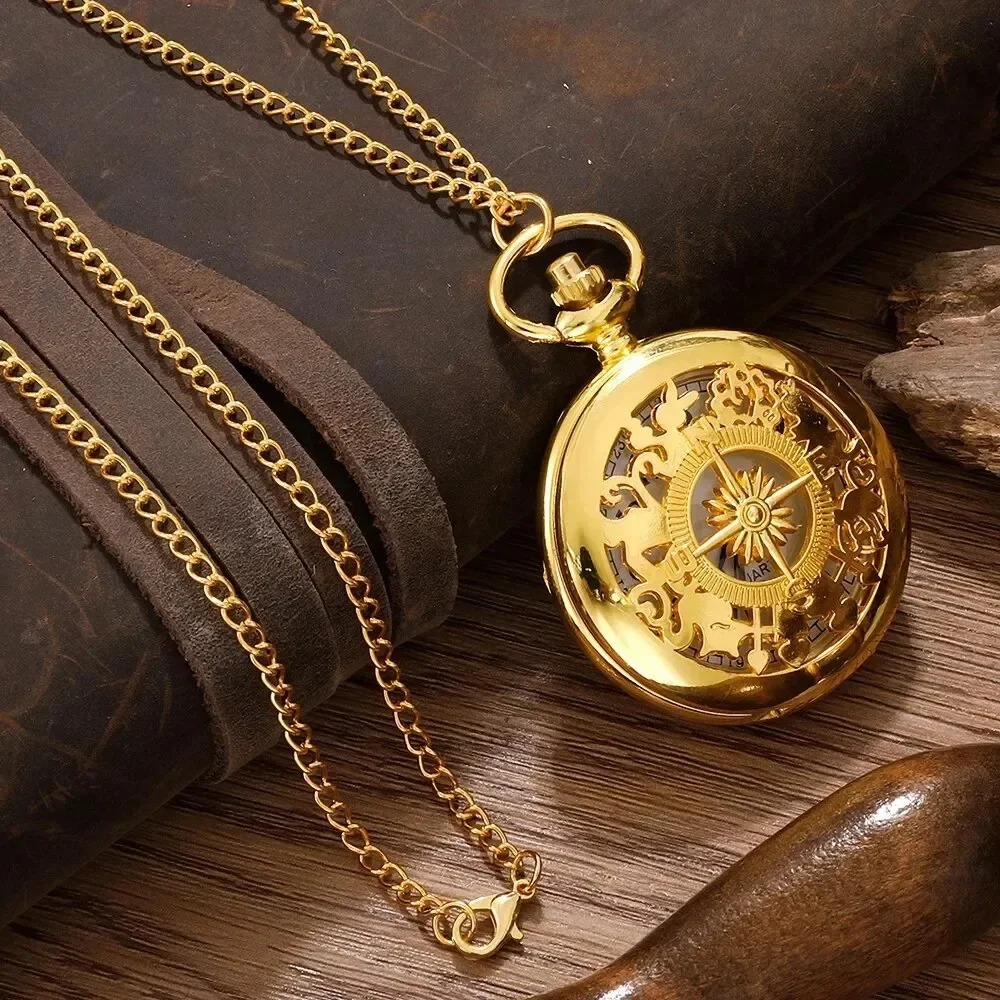 Practical Punk Compass Pocket Watch Clamshell Alloy Gold Case Necklace Pendant Glass Clock Chain