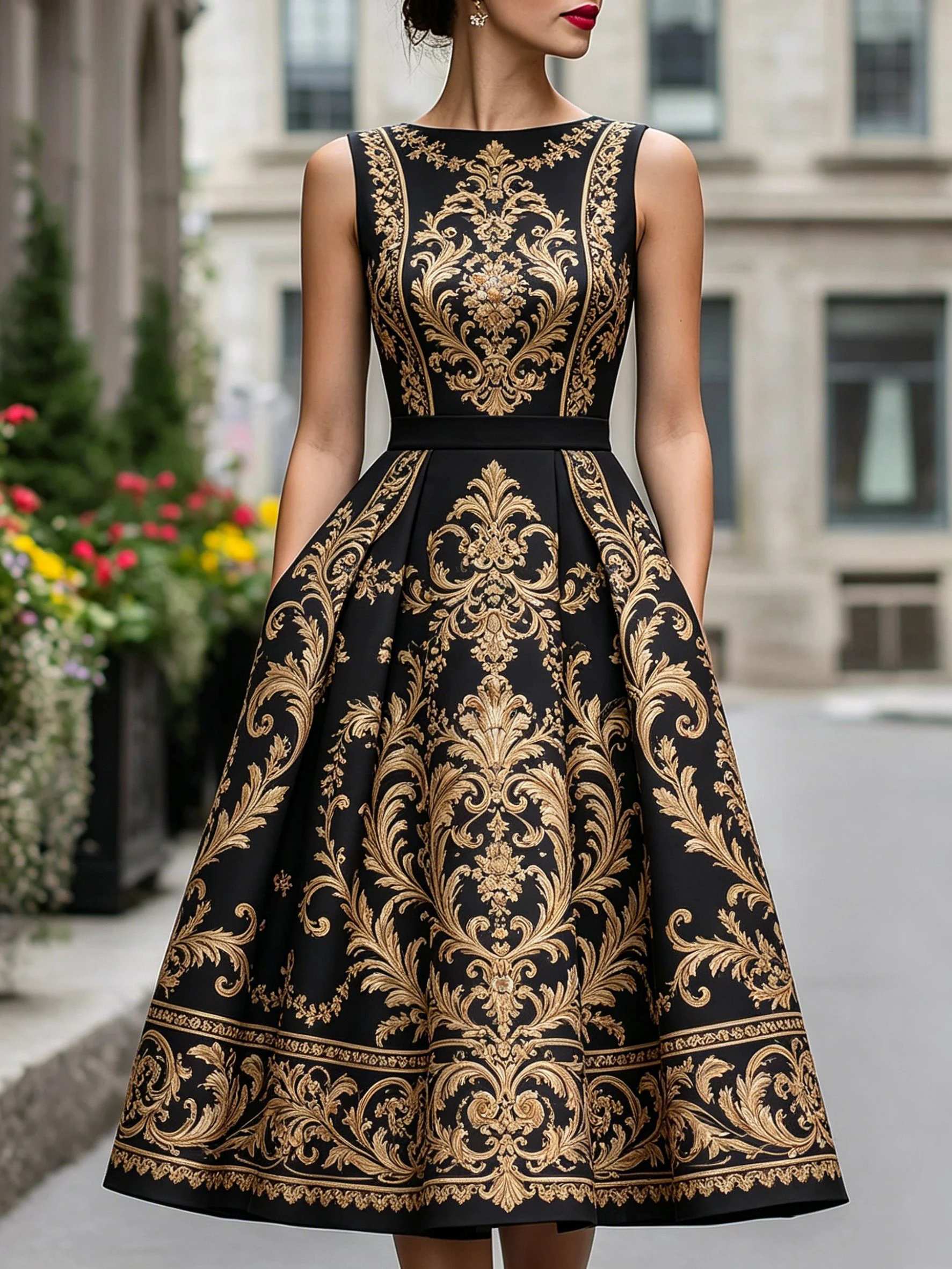 

Women Baroque Damask Print Crew Neck Midi Dress Cap Sleeve A-Line Flared Elegant Cocktail Party Evening Dress With Pockets Dress