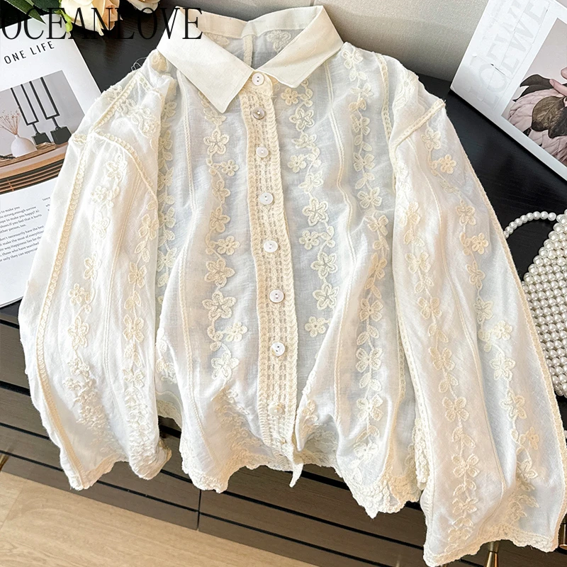 OCEANLOVE Embroidered Solid Women Shirts&blouses Sweet Korean Fashion Spring Summer Blusas Mujer Simple Retro Camisas