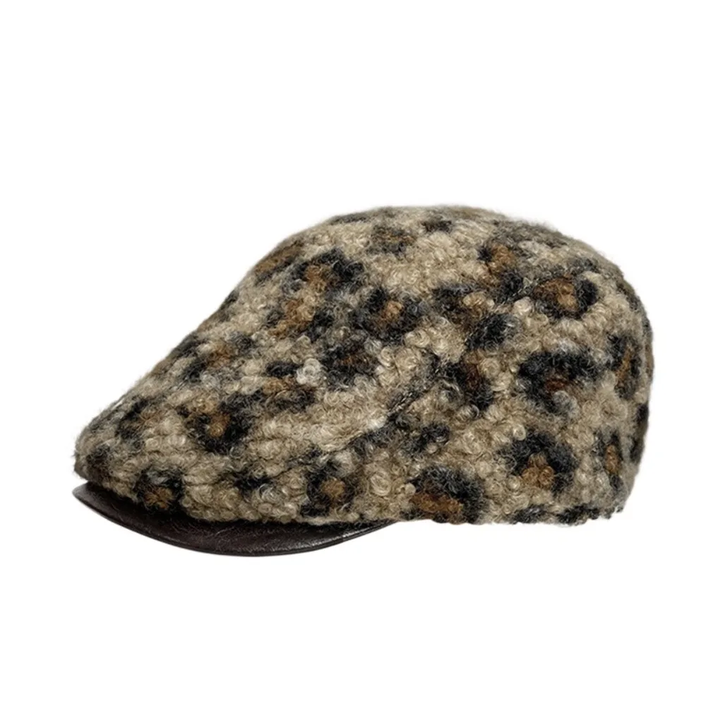 

Fashion Adjustable Lamb Wool Berets Hat Keep Warm Pu Leather Brim Leopard Print Berets Painter Y2k Women Newsboy Caps Girl