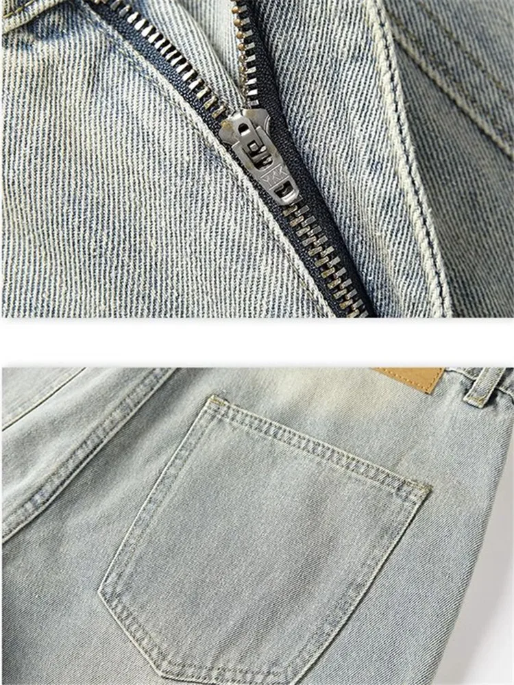 Modder Gele Jeans Voor Mannen Y 2K Effen Kleur Overalls Met Knopen Multi-Pocket Rits Om Oude Broek Los Te Maken A148