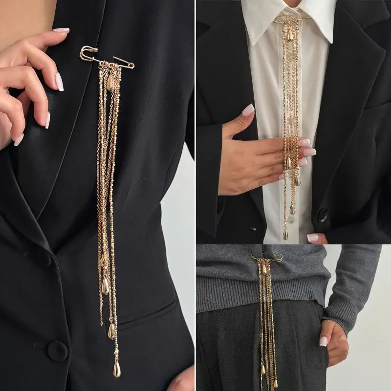 Exaggerated Water Droplet Fringe Tassel Chain Brooch Metal Chain Clothing Tie Pin Bead Fixed Ornament Banquet Party Jewelry Gif
