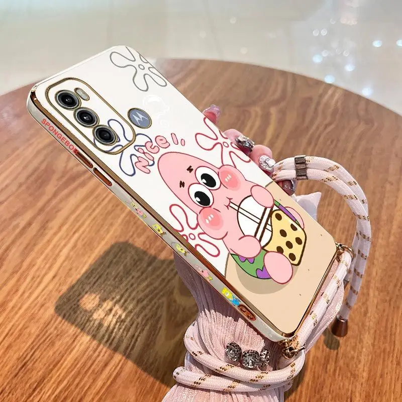 Drinking Milk Tea Lanyard Plating Phone Case For Motorola Moto G60 G53 G50 G42 G30 G20 G22 G52 E20 Plus G9 Play G8 Power Cover