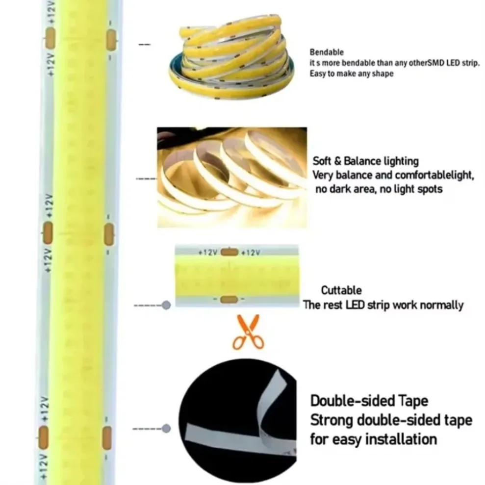 Double Row COB LED Strip DC12V/24V 624LEDs/M High Brightness RA95 Dimmable 3000K/4000K/6000K 12mm PCB Flexible Tape Light Decor