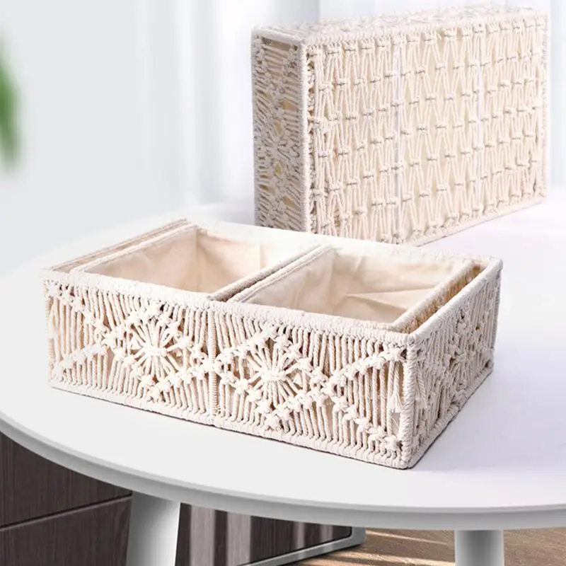 Woven Storage Baskets Wicker Macrame Baskets Fruit Tea Snack Bread Basket Rectangular Storage Box Kitchen Storage Accessories