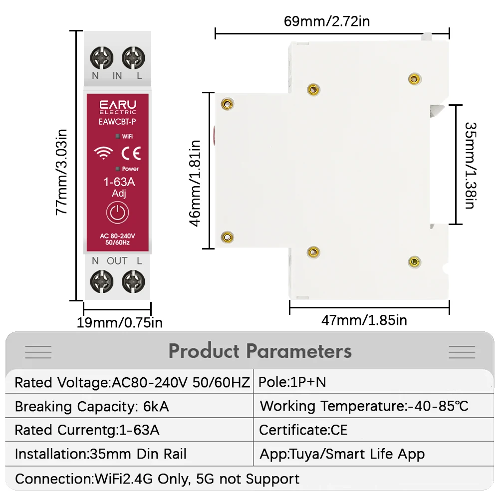 Tuya WiFi Smart Circuit Breaker EAWCBT-P MCB Timer 1P+N 63A Power Energy  Voltage Current  Protector Voice Remote Control Switch
