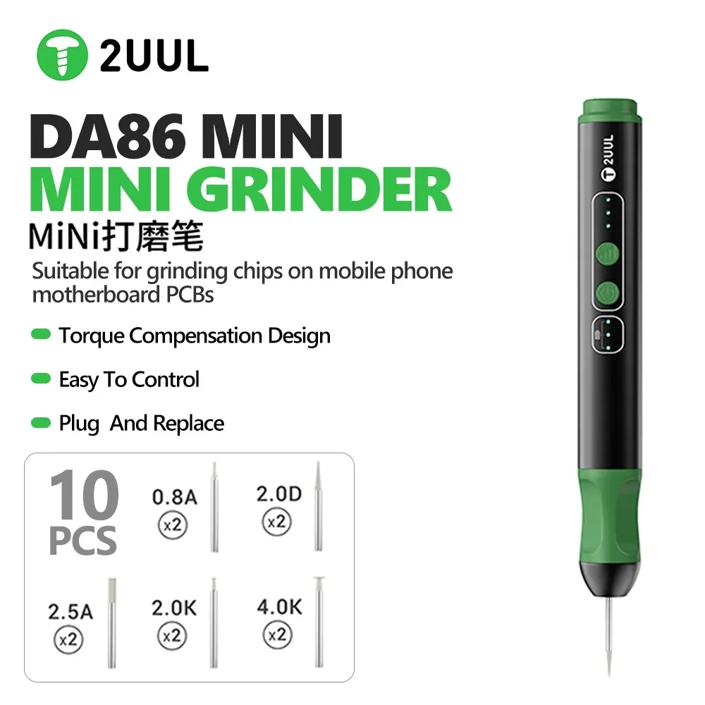 2UUL DA86 Mini Grinder 5-Speed Electric Grinding Pen 10 Bits for Mobile Phone PCB Motherboard Chip Polishing Repair Tool