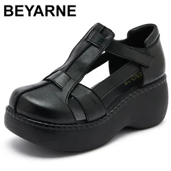 Fashion Retro Summer Shoes Women Wedges Sandals Handmade Genuine Leather Hollow Platform Casual Sandals Female Black