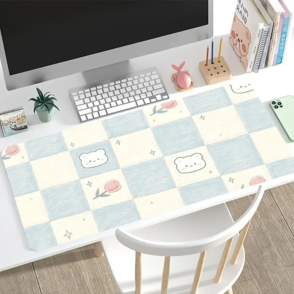Cute Blue Checker Bear Tulip Print Large Gaming Mousepad Non-slip Rubber Base Stitched Edge Office Keyboard Workstation Canvas