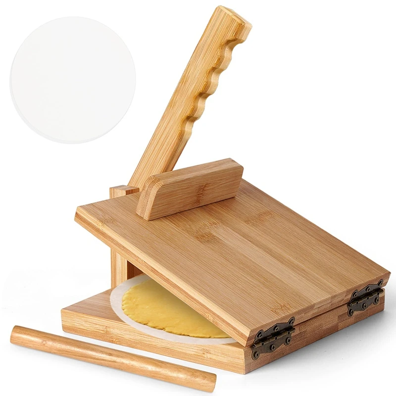 Tortilla Press10 Inch Roti Maker With Rolling Pin Large Bamboo Wood Tortilla Maker With 50 Pieces Parchment Paper