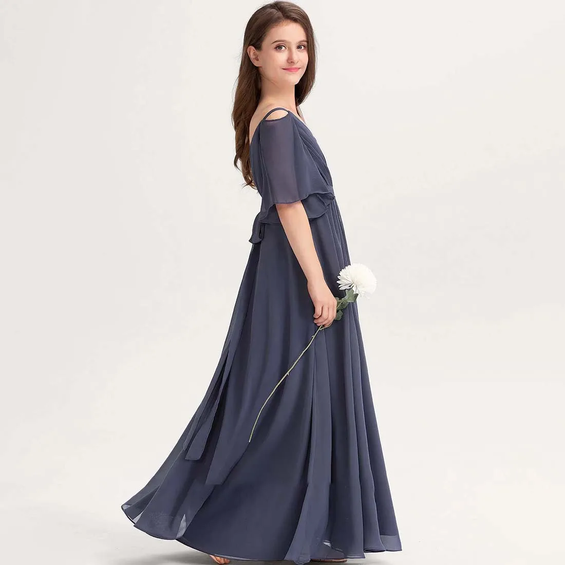 YZYmanualroom Chiffon Junior Bridesmaid Dress With Bow A-line Off the Shoulder Floor-Length 2-15T