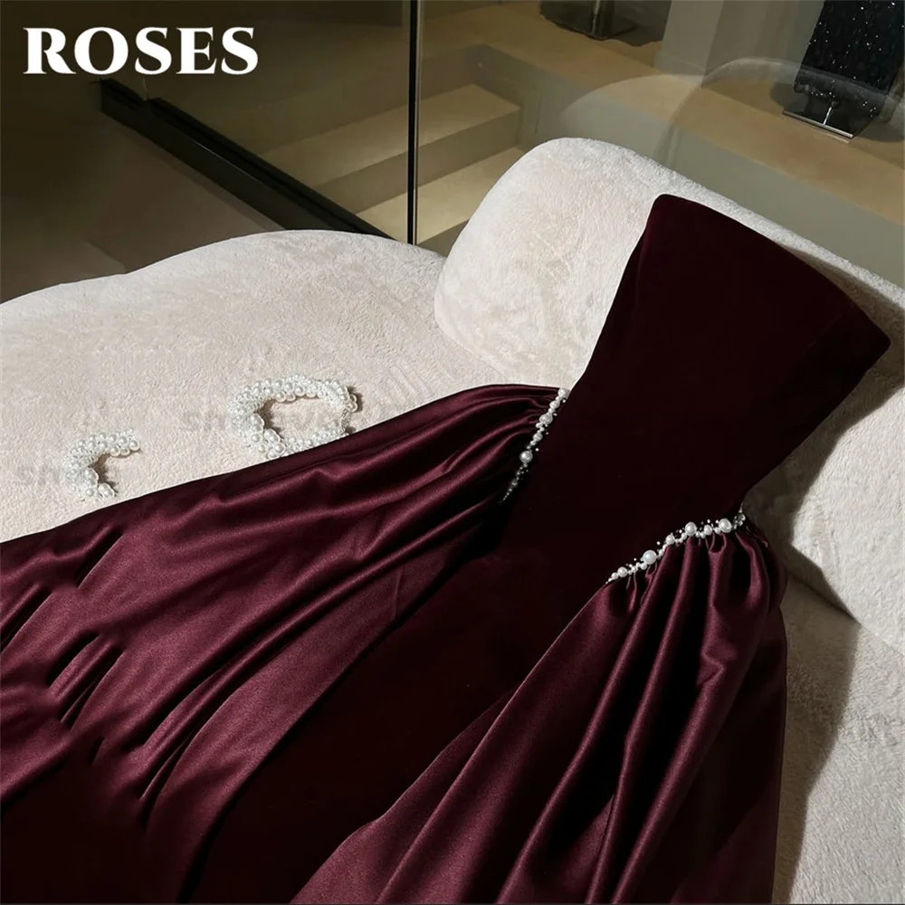ROSES Navy Blue Party Dress Sophisticated Strapless Velvet A-Line Evening Dress with Pearl Embellishments فستان سهرة Customized image 3