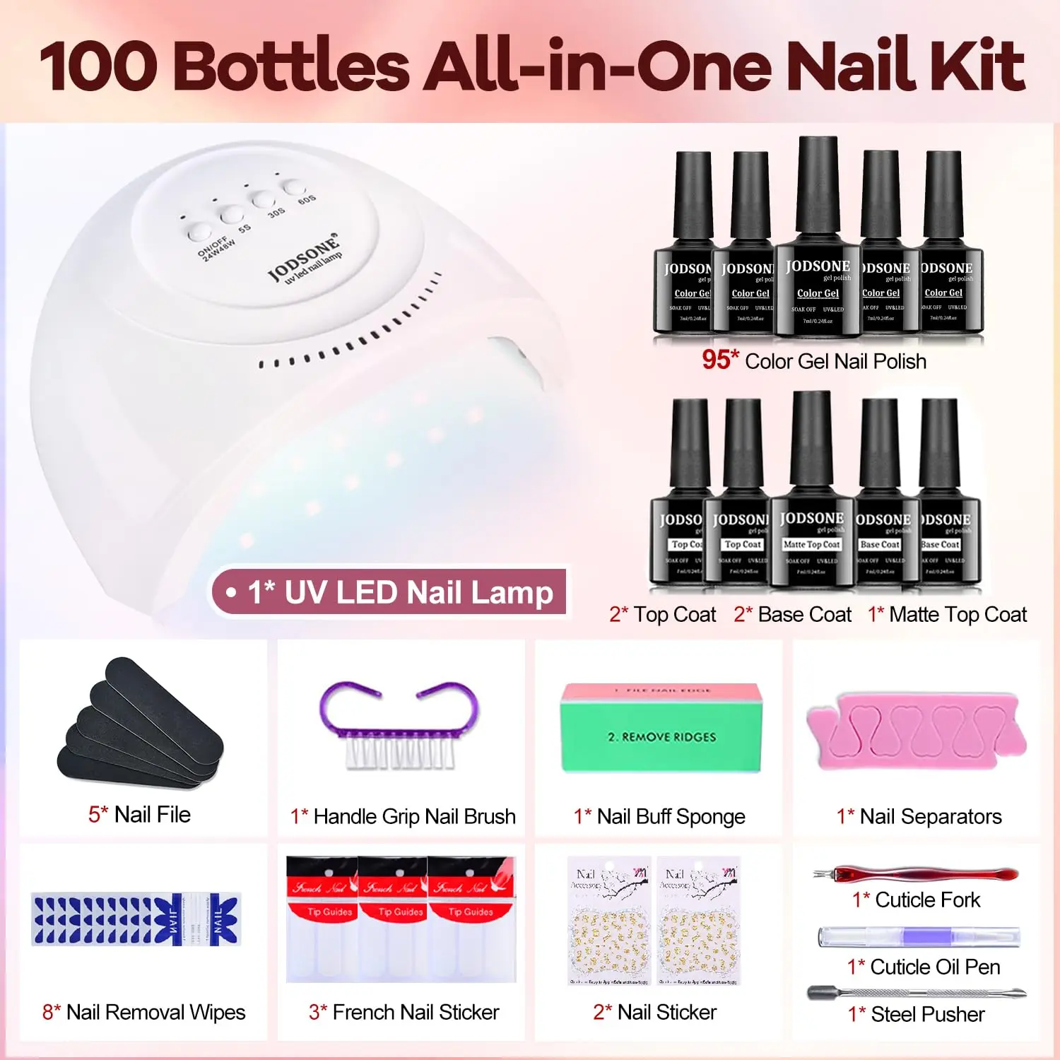 Kit de esmalte de uñas de gel de 100 botellas con lámpara LED UV, 95 colores que incluyen brillos, base y abrigos superiores para manicura duradera