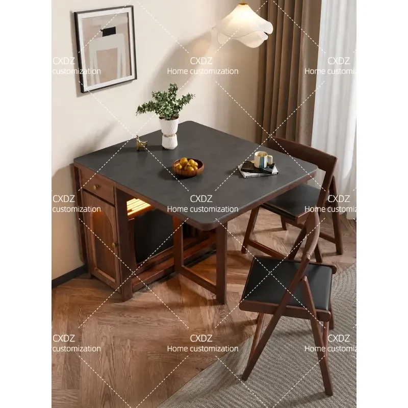 Multifunctional Folding Dining Table Walnut Rock Slab Small Apartment Integrated Side Cabinet Storage Movable Retractable