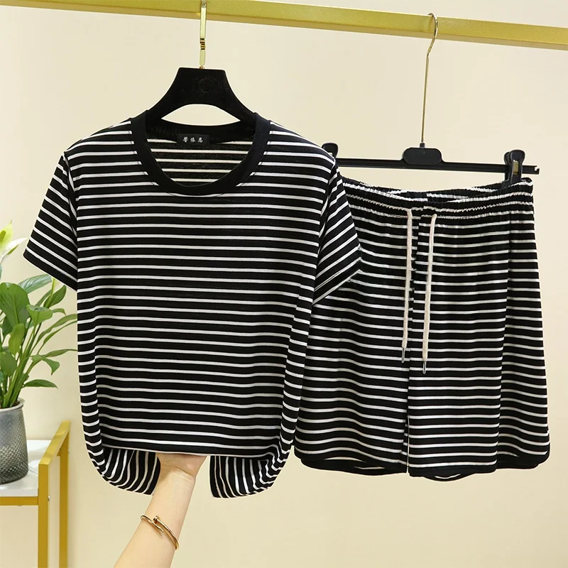 

Women's Summer Modal Striped Home Clothes Set Short Sleeve Shorts Sleepwear Casual Sports Wearable Two-Piece Suit round Neck