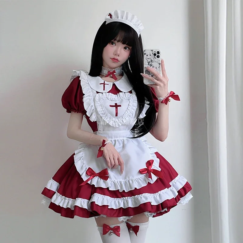 

Anime Gothic Lolita JSK Dress Short Sleeve Kawaii Bow Maid Party Dresses Cosplay Cats Girl Harajuku Cute Pink Ruffles Black